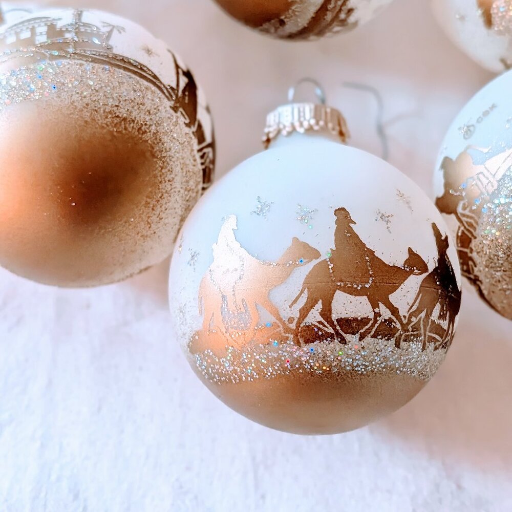 VTG Lot of 9 CBK Three Wise Men Glass Ball Ornaments Nativity Theme Frosted Gold